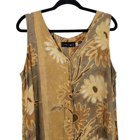 Vtg 80's Womens Jams World Dress Button Down Aline Tank Pockets Botanical Tan XL - Picture 5 of 10